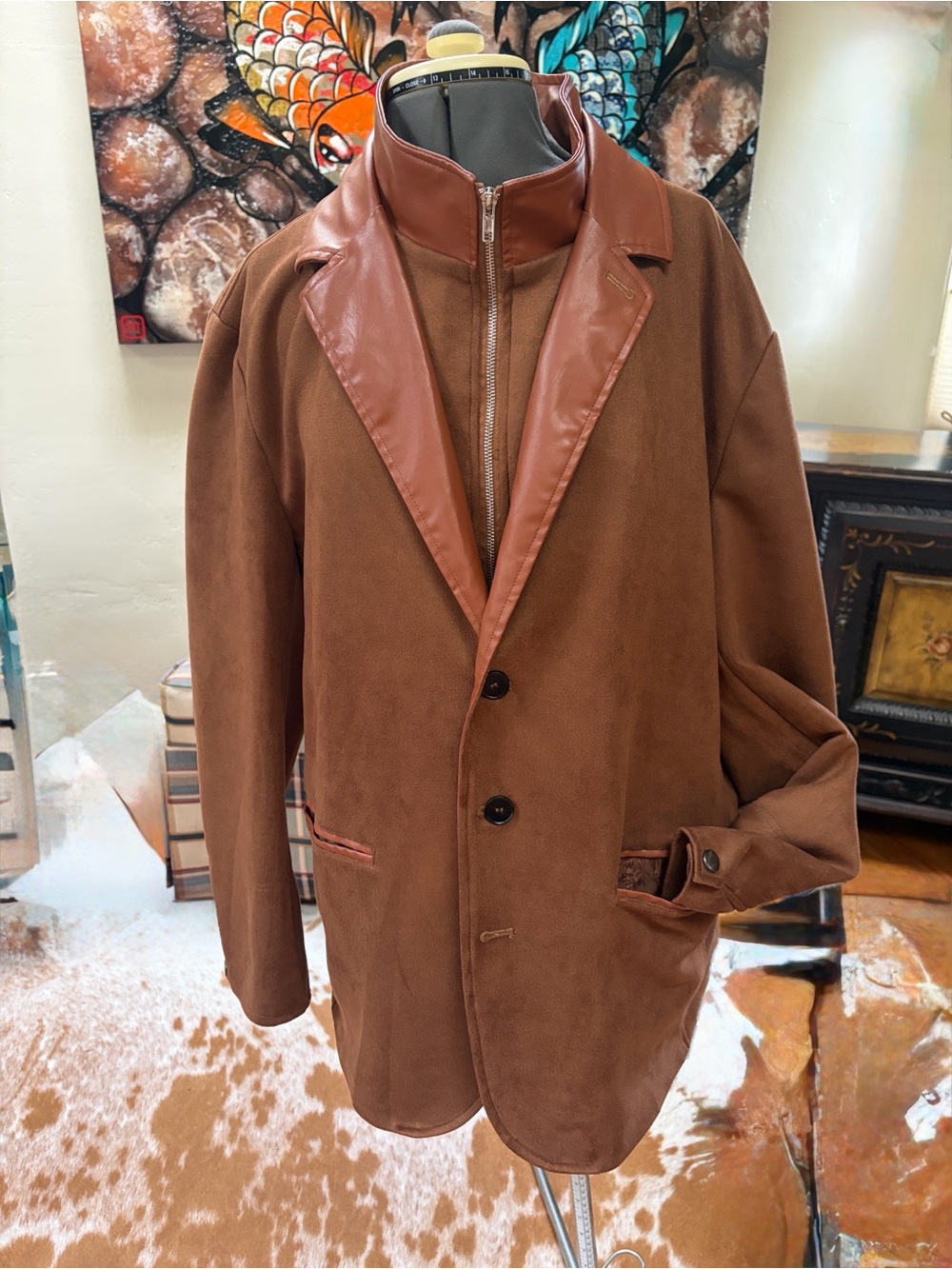 Men's Brown Suede-Look Jacket with faux Leather Trim - Classic Layering Jacket